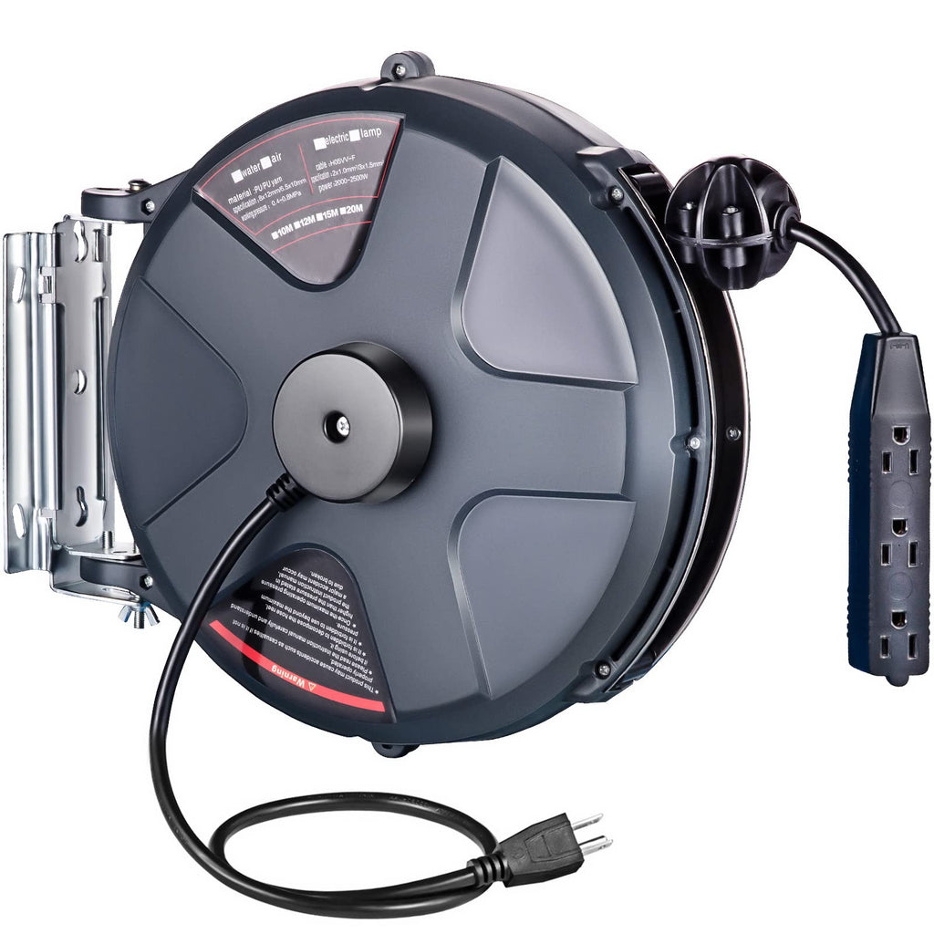 VEVOR Retractable Extension Cord Reel 50ft + 3.2ft Lead – Heavy Duty Wall/Ceiling Mount Power Cord with Breaker